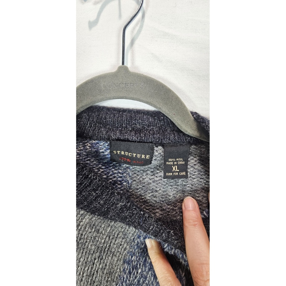 Vintage Structure‎ 100% Wool Sweater Mens XL Colorblock Blue Gray Knit 90s - Picture 4 of 6
